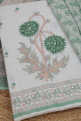 Soch Womens Off White Linen Blend Floral Print Unstitched Dress Material With Beads