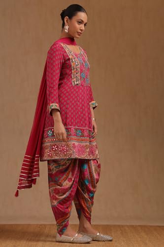 Soch Womens Fuchsia Crepe Floral Print Suit Set With Mirror Work