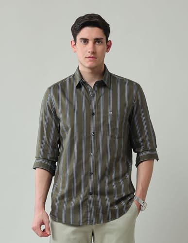Arrow Sports Men's Striped Slim Fit Shirt (ASAJSH1451_Olive
