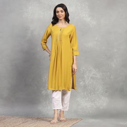 Rangriti Women's Viscose Blend Solid Straight Kurta (RROZ20972AW25YEL_Yellow
