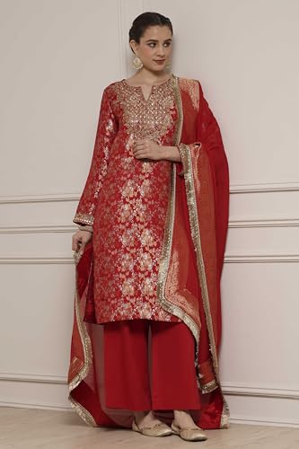 Biba Women Red Viscose Rayon Straight Yarndyed Suit Set_36