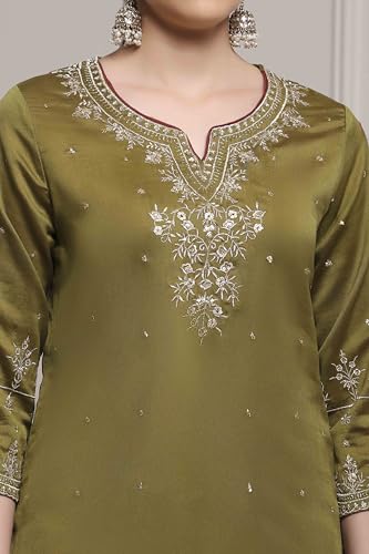 Biba Women Mehndi Green Cotton Silk Straight Suit Set_40