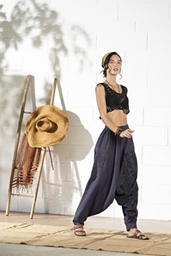The Veshti Company Cotton Hippie Harem Pants For Women's Baggy Yoga Regular Jogger Oversized Boho Aladdin Pant, Blue - Tribal Stone, L