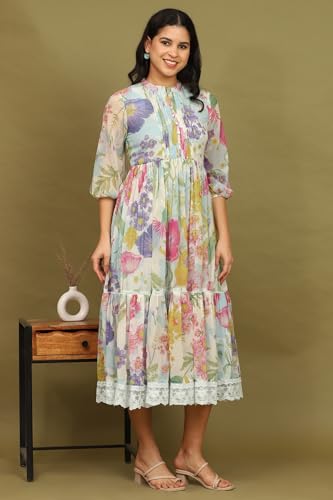 W for Woman White Floral Printed Tiered Chiffon Dress with Lace Detail (Size: S)-W12410-125443