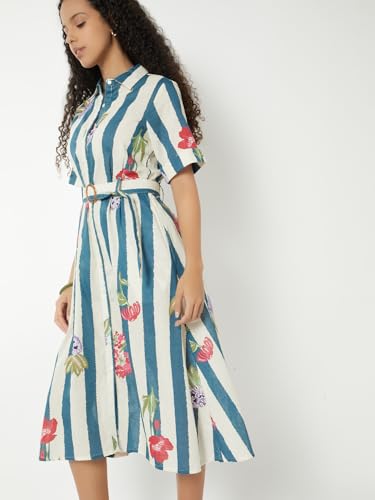 Max Women Printed Belted A-line Shirt Dress(White_M)