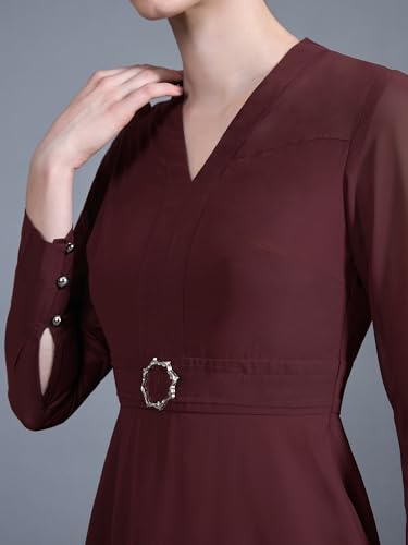 Miss Chase Women'sV-Neck Full Sleeve Fit Flare Midi Dress (MCAW24D94-99-184-02, Wine Red, XS)