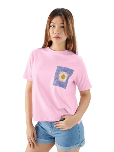 The Souled Store Coral Women and Girls Short Sleeves Round Neck Pink Crochet Pocket Relaxed Fit Cotton T-Shirts