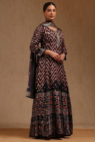 Soch Womens Black Russian Silk Chevron Gown with Mirror and Cutdana