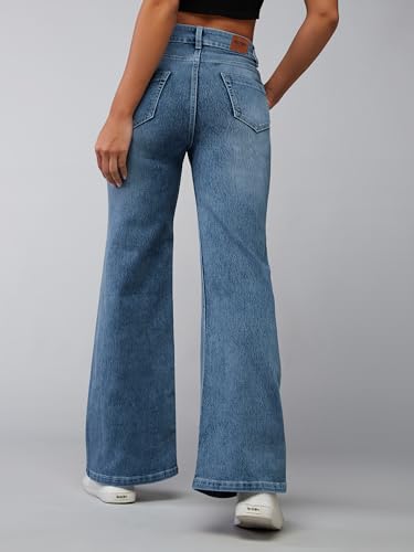 Dolce Crudo Women's Wide-Leg High Rise Regular Length Stretchable Shaping Denim Jeans (DOSS24DEN12-92-471-28, Cloud Blue, 28)