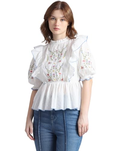 ONLY Women Embroidered Cotton White Peplum Top