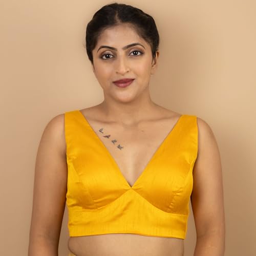 Women's Dupion Raw Silk Sleeveless V Neck Sabyasachi Cut Readymade Saree Blouse Padded Stitched Lining Designer Indian Festive Blouse | S4 (Yellow, 46)
