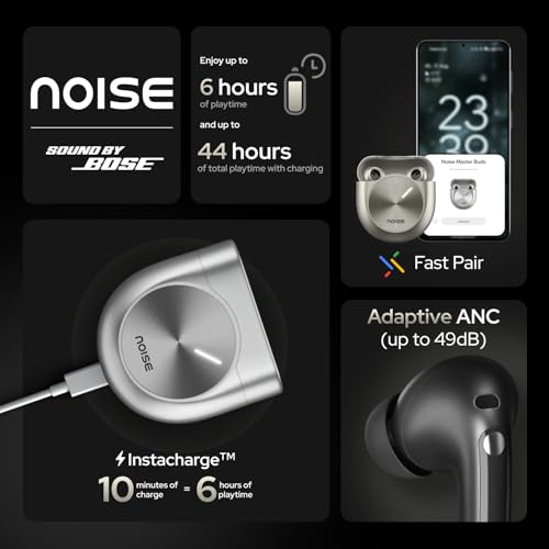 Noise Master Buds, Sound by Bose in-Ear Bluetooth Earbuds, Up to 49dB Adaptive ANC, LHDC 5.0, Immersive Spatial Audio, 44H Playtime with 6 mic ENC, Dual Pairing, IPX5 Ear Buds TWS (Titanium)