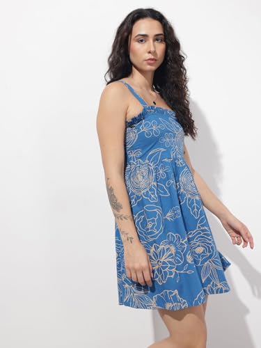 Divena Blue Shoulder Strap Poplin Cotton Mini Dress-DK2315