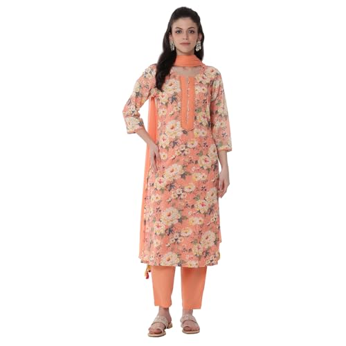 Rangriti Women's Cotton Blend Kurta Set (RTRZ20509SS25PCH_Peach