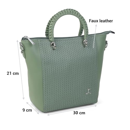 Mochi Women Green Faux Leather Premium Logo Multi-Pocket Tote Bag(66-412)