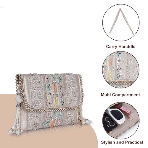 PLANX SILK Stylish Fancy Designer Potli Bag – Embroidered Pearl Handle Festive Clutch