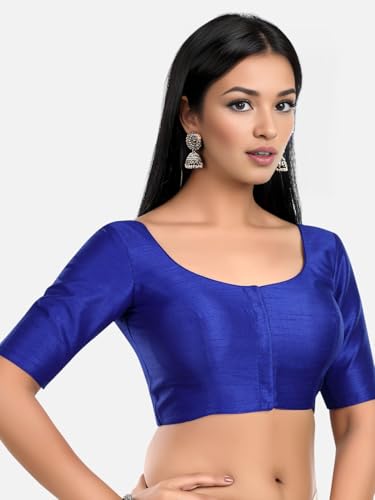 Biyu Women's Silk Solid Plain Round Neck Half Sleeve Readymade Saree Stylish Blouse (Royal Blue, 46)