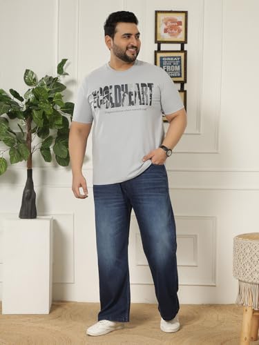 JOHN PRIDE Plus Size Men Regular Fit Printed Short Sleeves Grey Round Neck Stretchable T-Shirt (JPTSR32460_7XL_Grey)