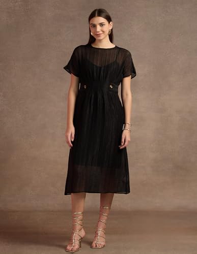 U.S. POLO ASSN. Women's Polyester Fit and Flare Midi Casual Dress (UWAW24DRS146_Black