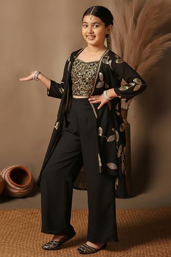 Fashion Dream Girl's Georgette Embroidered Salwar Suit Set|Suit for Girls|Salwar suit for kids|Ethnic Wear|Indo Western Set (FDGSET00504 BLK 36_Black_11-12 Years)