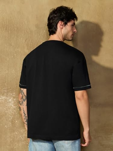 The Souled Store Oversized T-Shirt: Reject Authority Men and Boys Short Sleeves Round Neck Black Embellished Casual Lightweight Drop Shoulder Streetwear Trendy Oversized T-Shirts