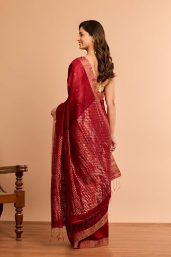 Taneira Women Dark Red Woven Pure Silk Vanya Bengal Saree With Unstitched Blouse Piece (SAPH01AC6405-Dark Red)
