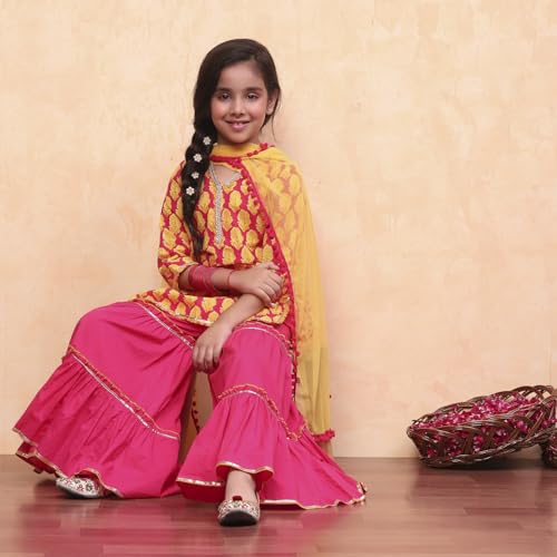 Biba Girls Red Straight Cotton Printed Kurta suit set