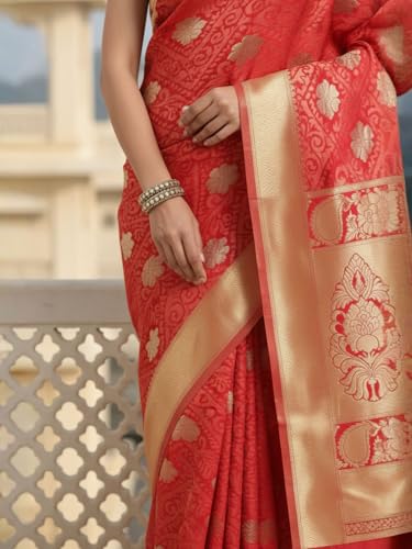 AKHILAM Women's Red Silk Blend Floral Printed Saree With Unstitched Blouse Piece (KLSHIS85002_AI)