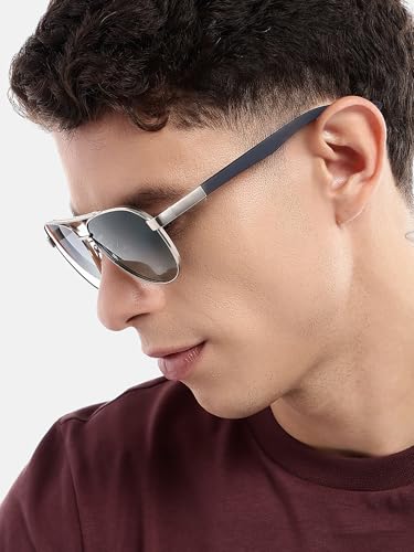 Carlton London Unisex Premium Silver & Black Toned Green UV with Polarised Lens Aviator Sunglass