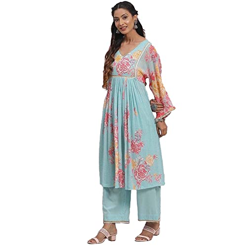 Biba Women's Cotton Printed Straight Salwar Kurta Dupatta (Skdphool Ba8073_Sky Blue_42)
