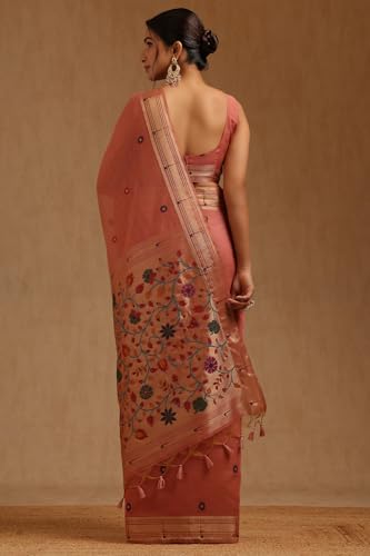 Soch Womens Peach Chanderi Woven Design Saree