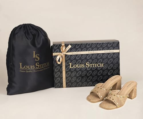 LOUIS STITCH Women’s Fashion Slip-On Block Heel Sandals | Open Toe Beige Stylish Mules Heel Sandal for Ladies, Fashionable and Comfortable Sandal (LSOF-LDBH-MUBD) (UK-6)