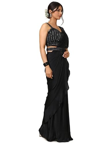 Soch Womens Black Nylon Blend Sequin Embellished Ready-To-Wear Saree With Belt