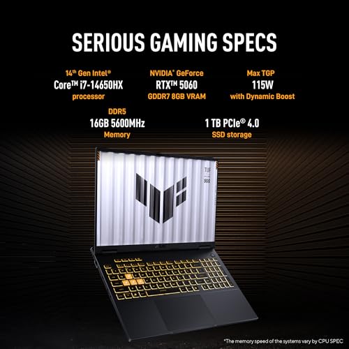 ASUS TUF F16, 14th Gen, Smartchoice,Intel Core i7 14650HX, Gaming Laptop(RTX 5060-8GB/16GB/1TB /FHD+/16"/165Hz/90WHrs/Windows 11/M365 Basic (1Year)*/Office 2024/Jaeger Gray/2.2 Kg) FX608JMR-RV049WS