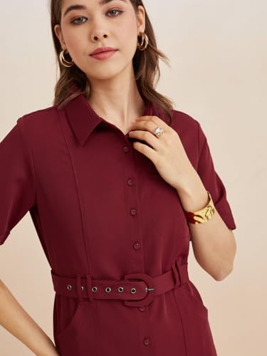 Latin Quarters Women's Maroon Collar Neck Half Sleeves Solid Casual Shirt Dress_XXL