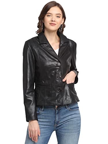 Teakwood Genuine Leather Soild Stylish Casual Blazer Jacket for Women (L- Black)