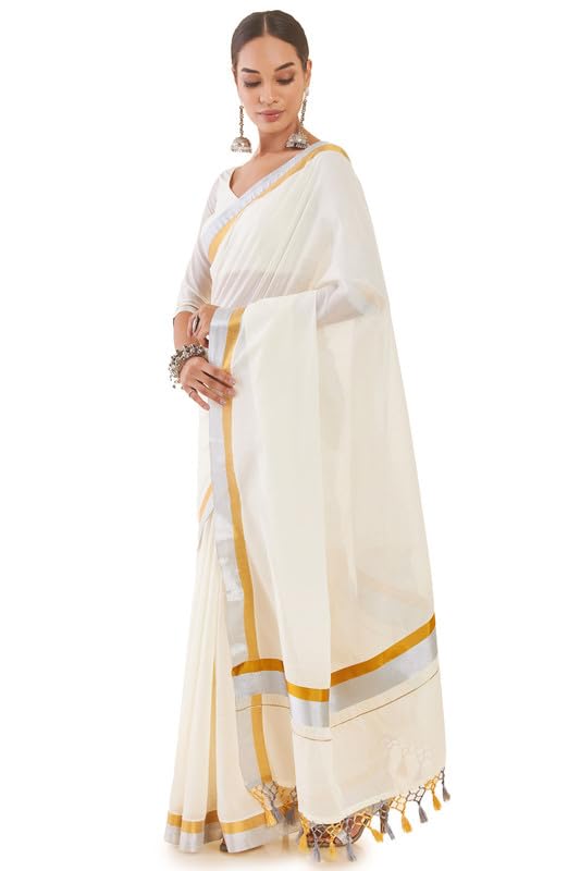 Soch Women Off White Cotton Kasavu Saree With Golden And Silver Zari Borders, Off-White