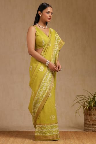 Soch Womens Light Green Art Silk Batik Print Saree With Zari Woven