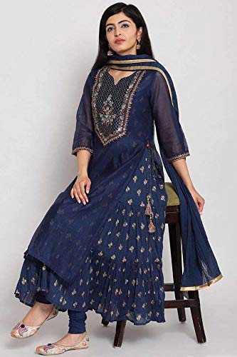 BIBA Women's Synthetic Yarndyed Fitted Salwar Kurta Dupatta(SKDFORMAL7204_NAVY_38)
