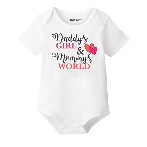 KNITROOT Dad Mom Family Special Onesies, Unisex Baby Kids Cotton Lycra Envelope Neck Half Sleeve White Romper, Bodysuit, Sleepsuit, Daddy's Girl Mommy's World, 3-6 Months, Infant Cloths