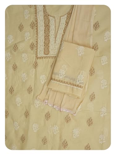 Ada Hand Embroidered Lucknowi Chikankari Unstitched Cotton Dress Material Suit Piece with Dupatta for Women 01A873267 Fawn