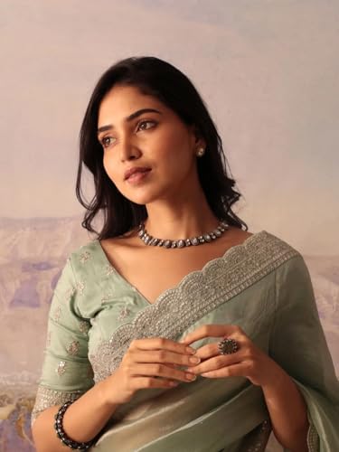 AKHILAM Women's Sea Green Organza Embellished Saree With Unstitched Blouse Piece (BITTI651_JR)