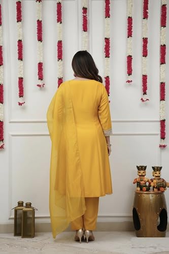 VARNI FABRICS: A lady's First Love Women's Chanderi Yellow Embroidered Kurta Pant Set With Dupatta, Ethnic Wear (IN, Alpha, XL, Regular)