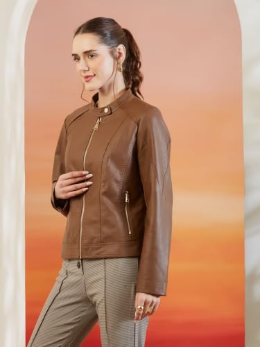 Latin Quarters Women's Brown Solid Full Sleeves Mandarin Neck Casual Biker Jacket_L