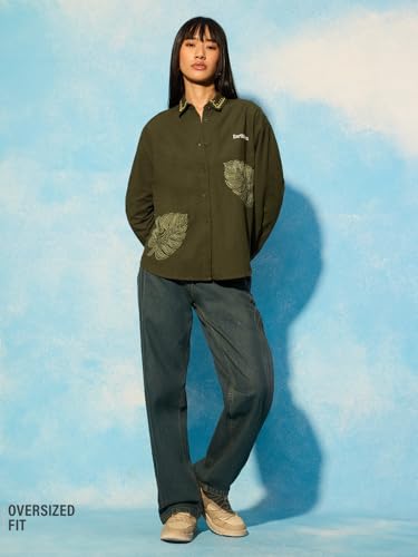 The Souled Store Earthborn: Botanical Leaf Women and Girls Full Length Sleeves Spread Collar Dark Olive Green Embroidered Cotton Linen Oversized Fit Lightweight Everyday Shirt