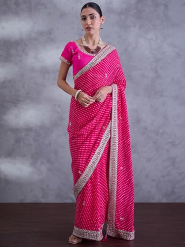 SAREE MALL Women's Pink Georgette Bandhani Printed Saree With Unstitched Blouse (DHNIYA801C8_DC)