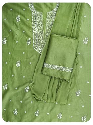 Ada Hand Embroidered Lucknowi Chikankari Unstitched Chanderi Dress Material Suit Piece with Dupatta for Women 01A791846 Mehndi Green