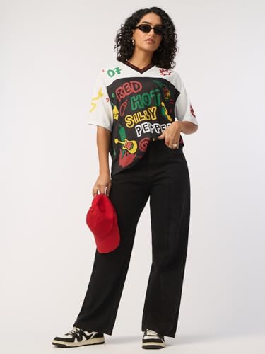 The Souled Store Silly Peppers Women and Girls Short Sleeves V Neck Black Graphic Printed Polyester Oversized Sporty Casual Quick Dry Breathable Lightweight Everyday Streetwear Jersey