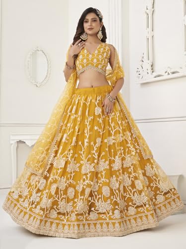 Zeel Clothing Women's Embroidered Soft Net Semi-Stitched Lehenga Choli With Dupatta (2122-Yellow-Wedding-Stylish-Latest; Free Size)