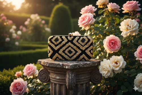 DUCHESS Women Embroidered Black Gold Clutch for Wedding Party